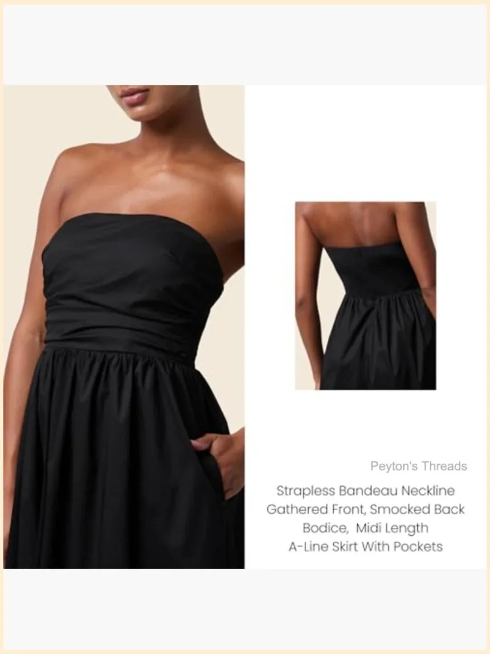Strapless Midi Dress with Pockets Smocked Back A-Line Skirt Hidden Zipper - Picture 3 of 7
